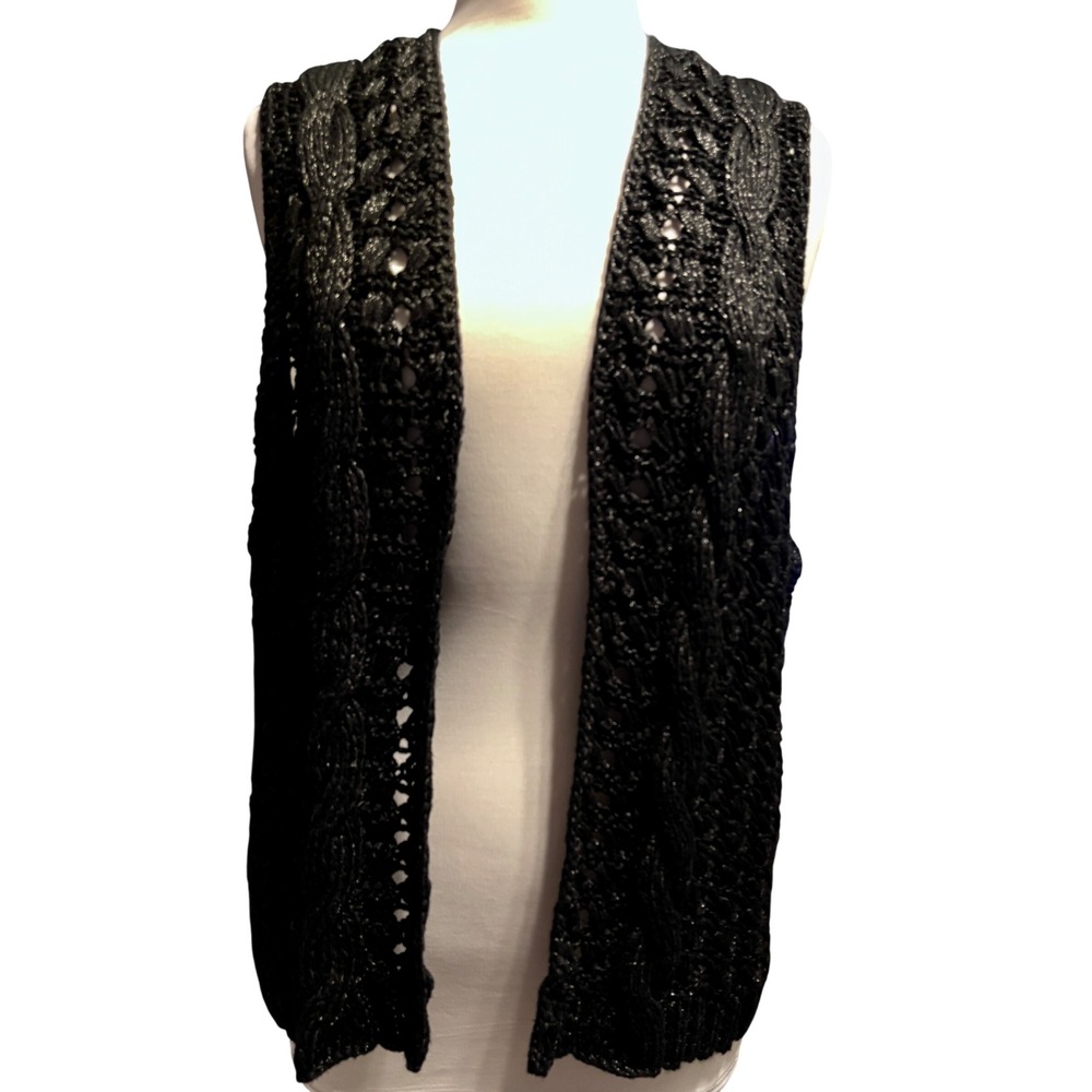 Gap Knit Vest Womens‎ XL Black Excellent Metallic Cable Open Front Sleeveless
